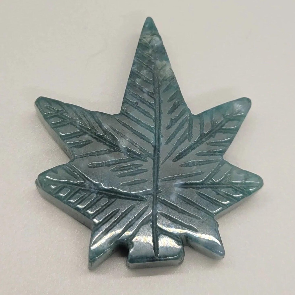 Moss Agate Cannabis Leaf Stone Carving